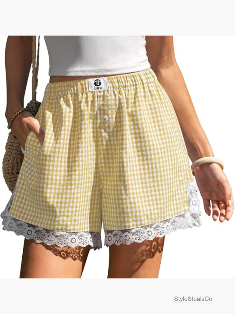Lace Trim Boxer Sleep Shorts Gingham Pajama Lounge Bottoms Summer Casual Home